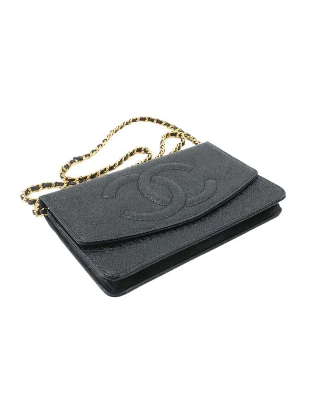 Chanel Caviar Leather Chain Wallet Black CC Logo Gold Shoulder
